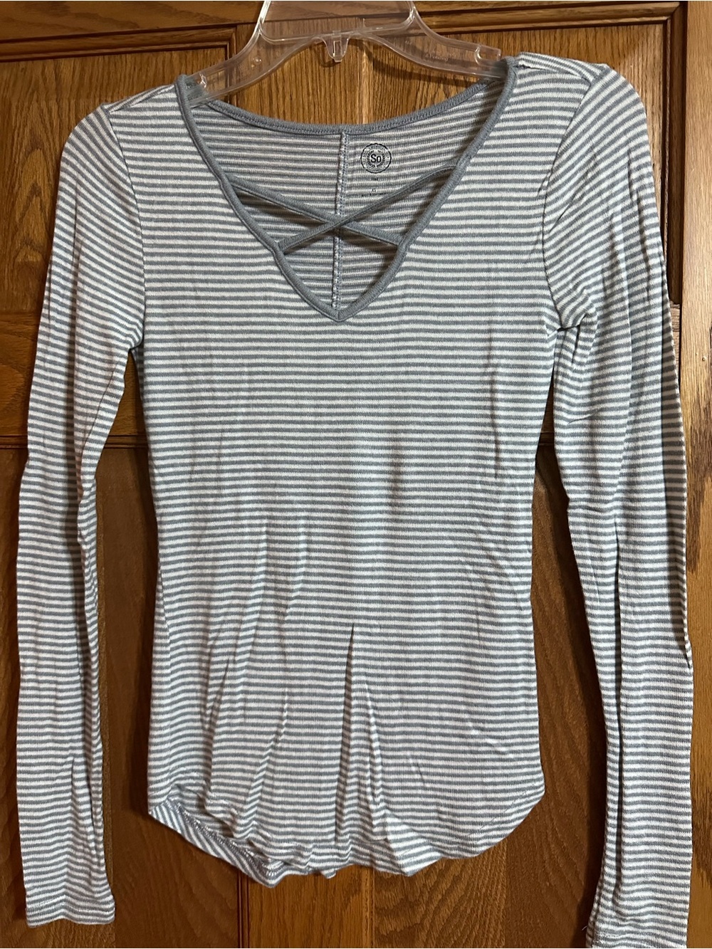 SO Gray and White Striped Long-Sleeve V-Neck Top with Crisscross
